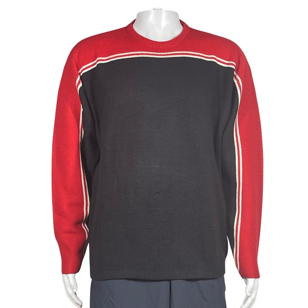 John Ashford Men's Large Red Black Colorblock Crewneck Sweater Vintage 90s